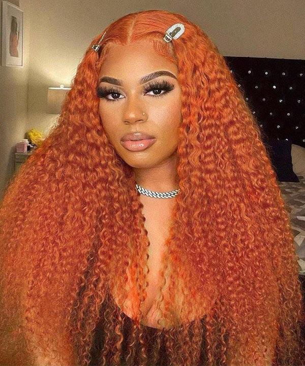 #350 Ginger Orange Kinky Curly Human Hair 13x4 Lace Frontal Wig