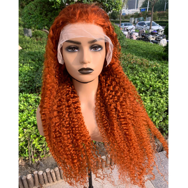 #350 Ginger Orange Kinky Curly Human Hair 13x4 Lace Front Colorful Hair Wig