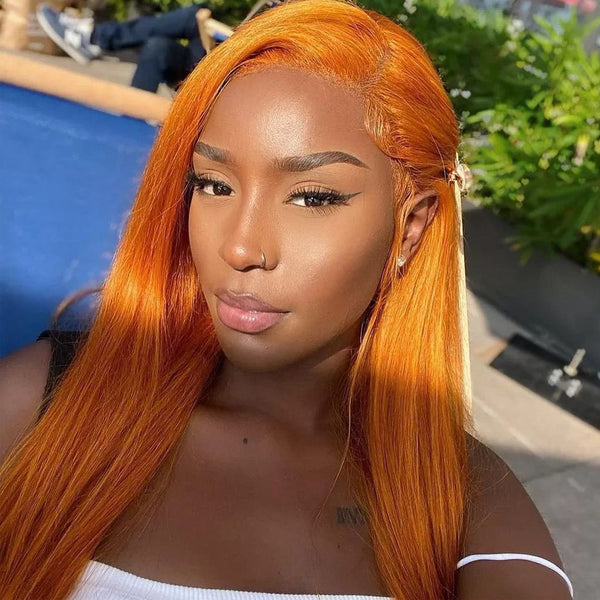 #350 Ginger Orange Straight Human Hair 13x4 Lace Front Colorful Hair Wig