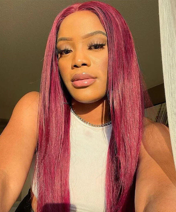 #99J Burgundy Straight Human Hair 13x4 Lace Frontal Wig