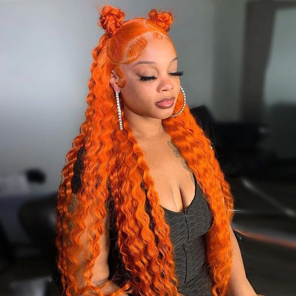 #350 Ginger Orange Deep Wave Human Hair 13x4 Lace Frontal Wig