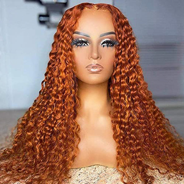 #350 Ginger Orange Water Wave Human Hair 13x4 Lace Front Colorful Hair Wig