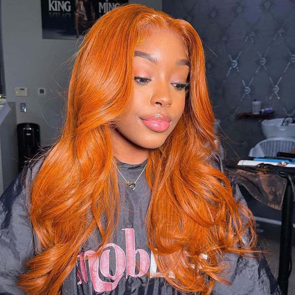 #350 Ginger Orange Body Wave Human Hair 13x4 Lace Front Colorful Hair Wig