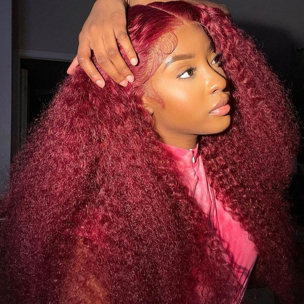 Burgundy Kinky Straight Yaki Human Hair 13x4 Lace Front Colorful Hair Wig