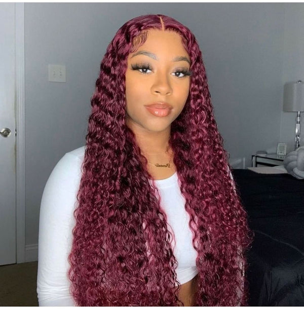 #99J Burgundy Water Wave Human Hair 13x4 Lace Frontal Wig